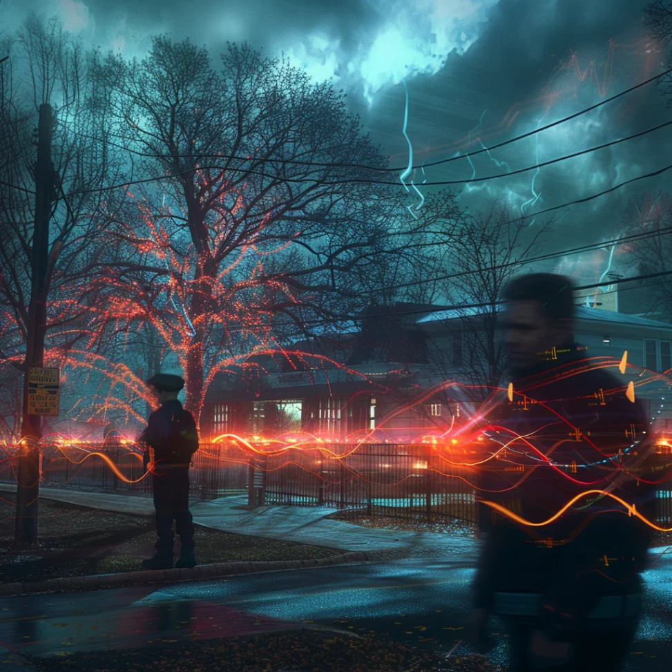 Photorealistic image of a man being arrested, with AI-generated audio waveforms and a school building in the background, dramatic lighting,