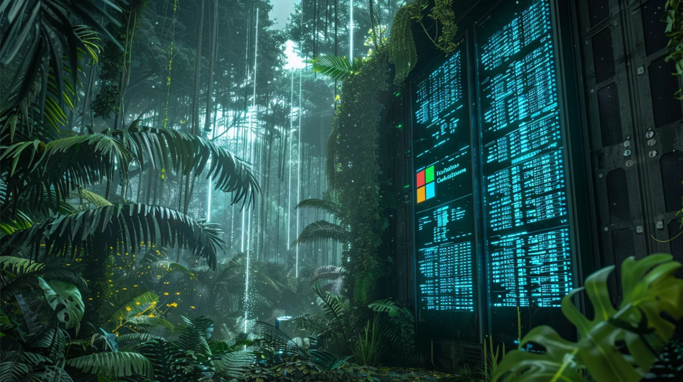 futuristic data center in a tropical jungle setting, with AI and cloud computing symbols, the Microsoft logo, and an Indonesian flag.