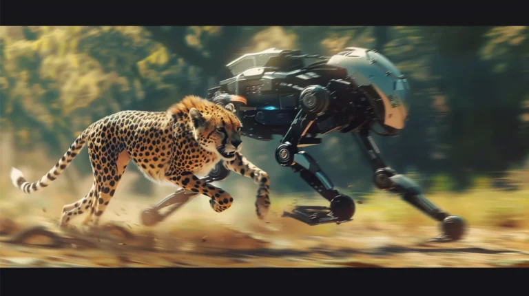 four-legged robot running alongside a cheetah, digital art, realistic style, motion blur effect