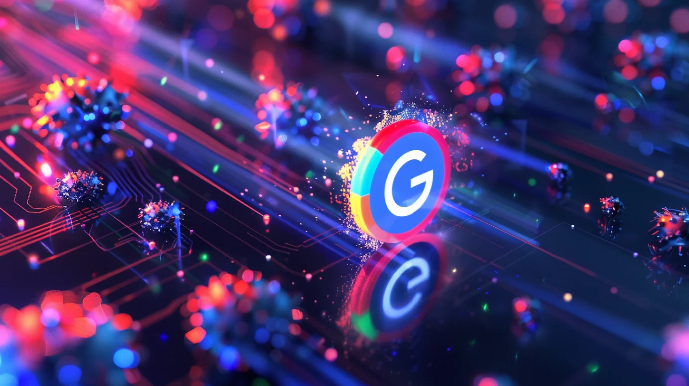 A glowing digital shield with Google's colorful "G" logo, surrounded by cyber threats like malware